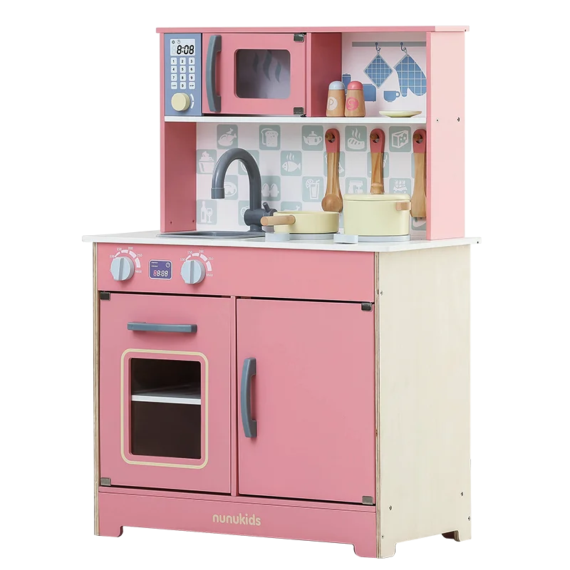 Natural Wooden Pretend Toy Eco-friendly Solid  Wood 19pcs Nunukids  Kitchen Set Cooking Cabinet Toy for Toddlers