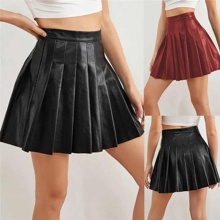 Summer Elegant Style Casual High Waist Leather Skirt Pu