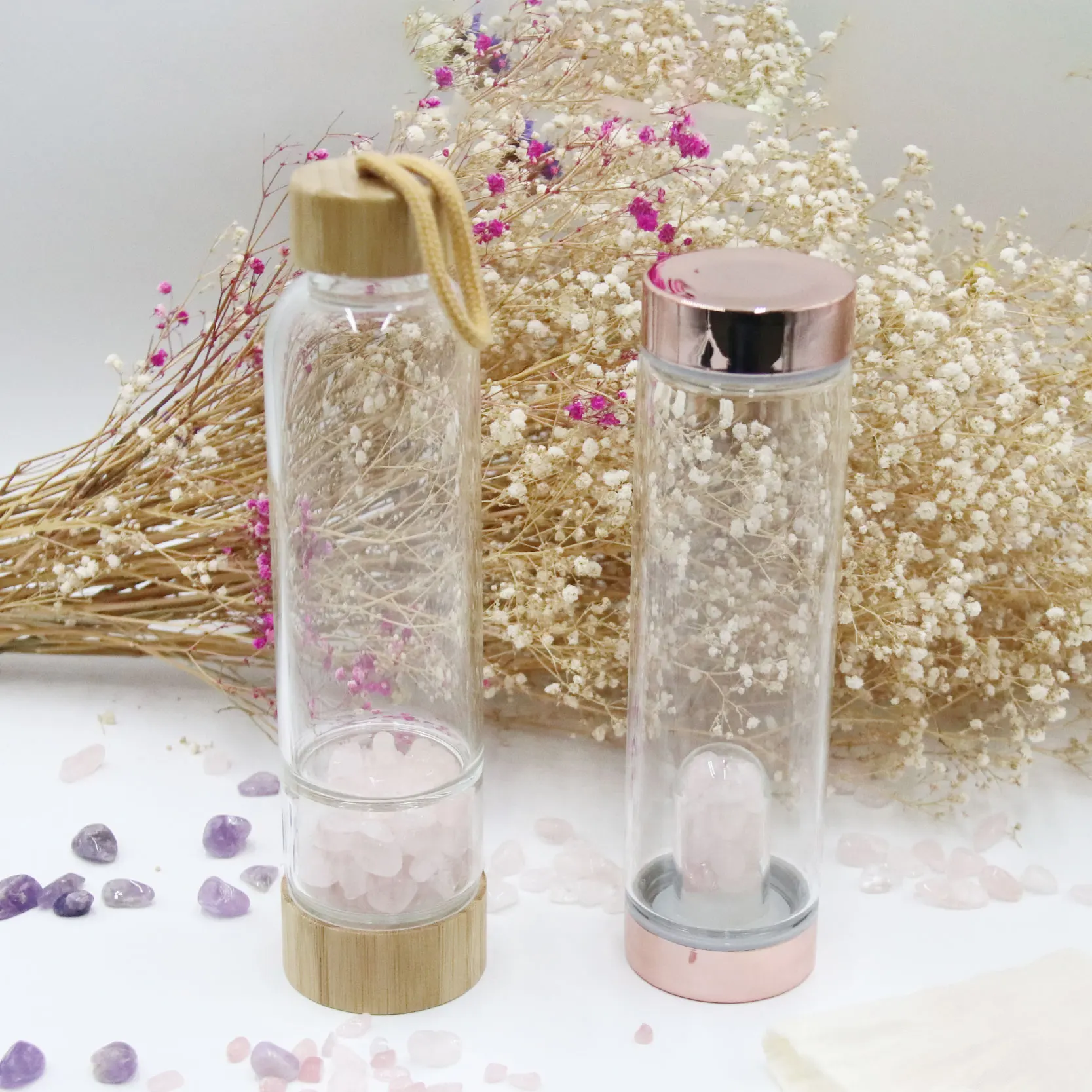 Personalized Eco Friendly Custom Logo Healing Bpa Free Insulated Glass Drinking Crystal Infused Water Bottle With Custom Logo