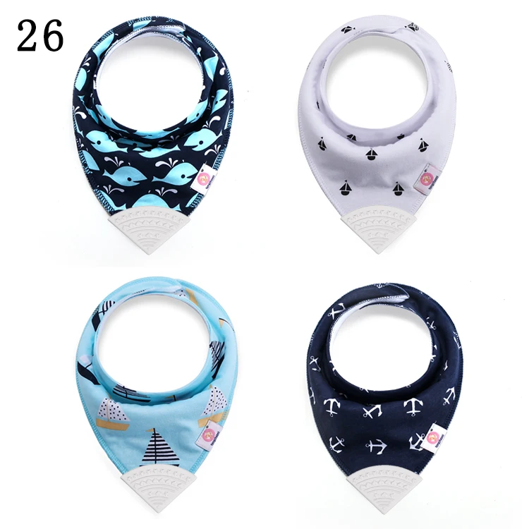 ODM/OEM Organic Cotton Printing Pattern 4 Pack Baby Drool Bandana Bibs With Silicone Teether