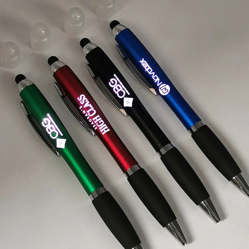 Рекламная светодиодная ручка с резиновым зажимом рекламный Пластиковый Стилус сенсорным экраном шариковые ручки лазерным логотипом для страхования