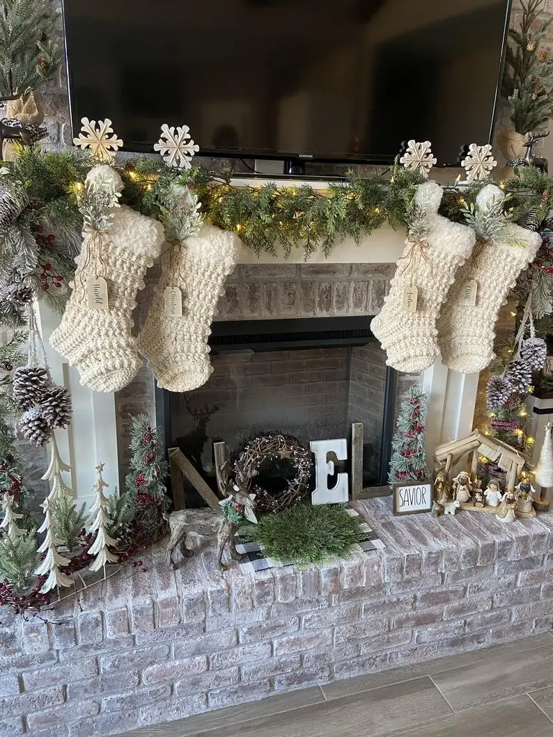 Luxury Crocheted Rustic Christmas Stocking 2021 With Faux Fur Handmade Socks Christmas Decor
