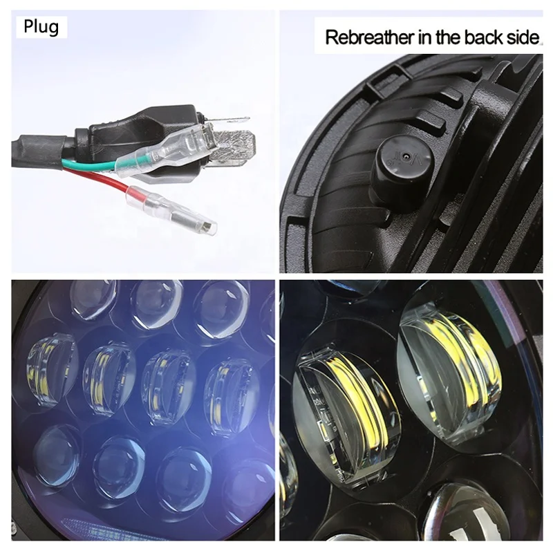 7Inch 130W Round LED Headlights Blue Projector Lens with High Low Beam White DRL Amber Turn Signal for JK CJ