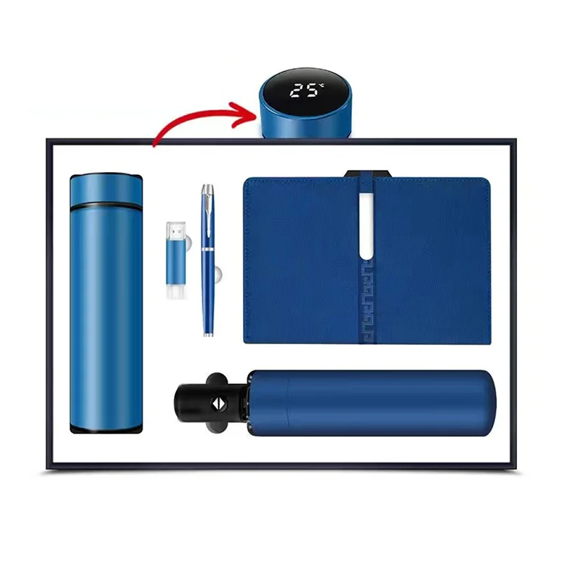 High-end 2025 New Products Custom Logo Color Thermos Cup Notebook Pen Umbrella USB Disk Gift Set In Box Business Gift Sets