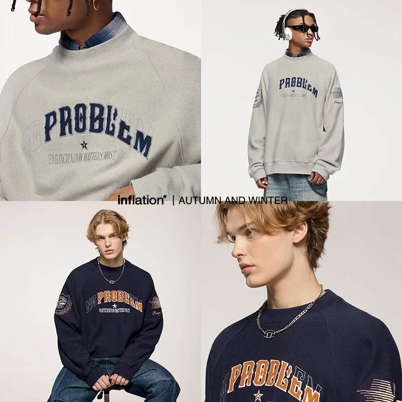 INFLATION 100% cotton Custom 450 GSM ReverseWeave Oversized Sweatshirt Men Vintage Embroidery Unisex Men Hooidie Sweatshirt