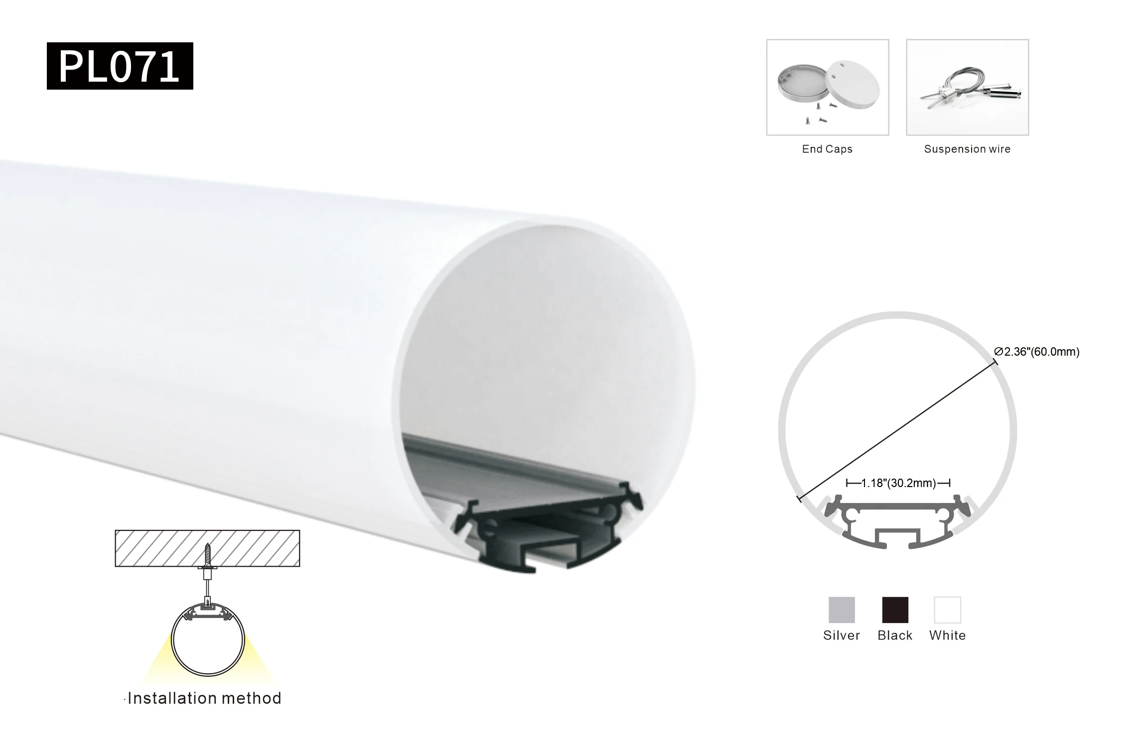 New Design 30mm 60mm 120mm Diameter With PC Diffused Cover Led Strip Light Suspended Round Aluminum LED Profile