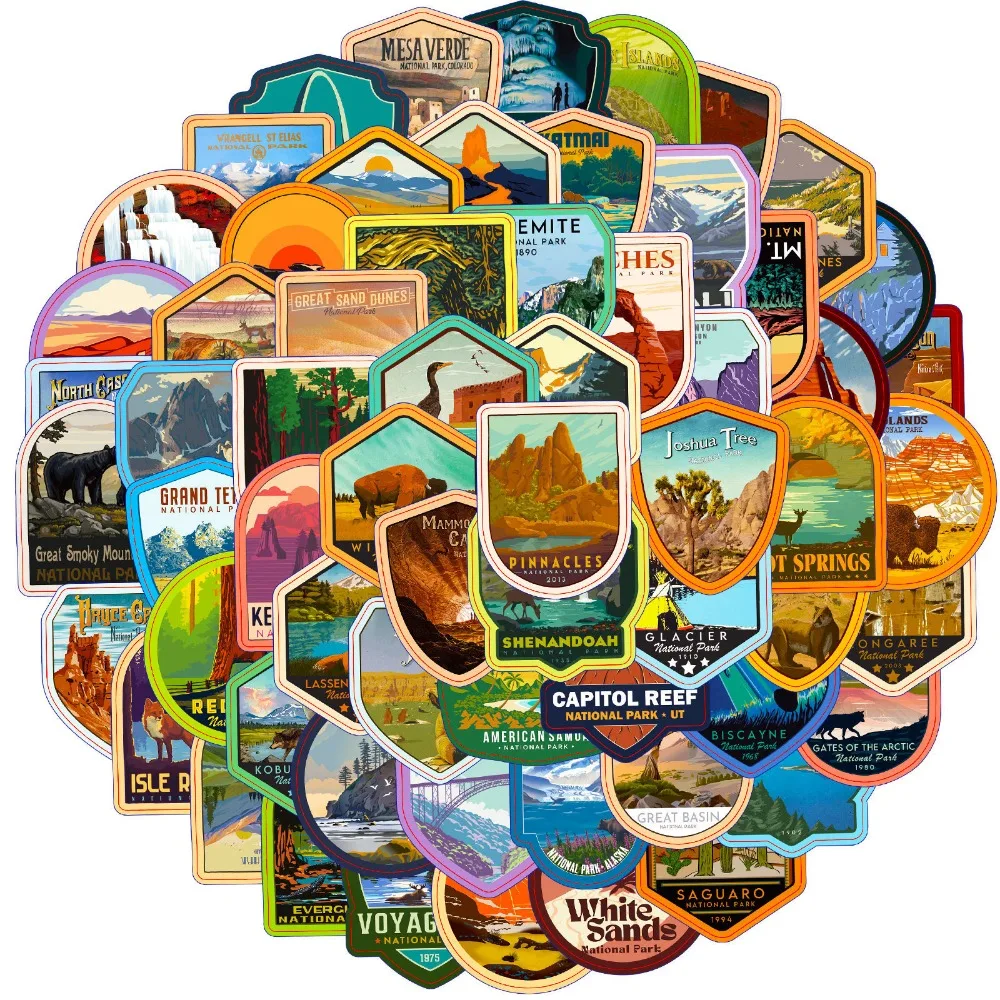 63 PCS United States National Park Stickers Nature Park Travel Transmirror Outdoor Creative Graffiti Stickers Favors & Decor
