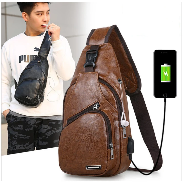 
Hot Men Handbags Casual PU Leather Bag Shoulder Messenger Bags usb charger sling bag with earphone hole 