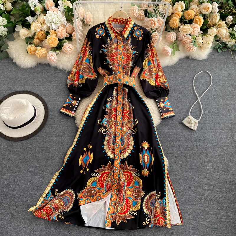 
2020 Europe and the United States new lapel single-breasted long dress with belt Long Maxi Dress Inspiration Women Maxi Dress 