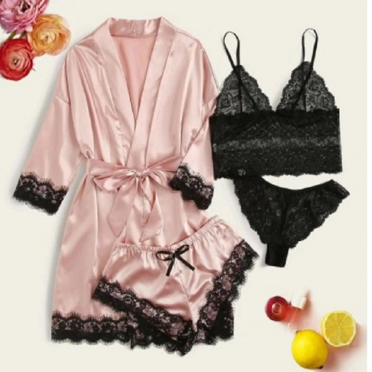 Women sexy lingerie sexy lace bathrobe pajamas set female four-piece large size wholesale underwear set