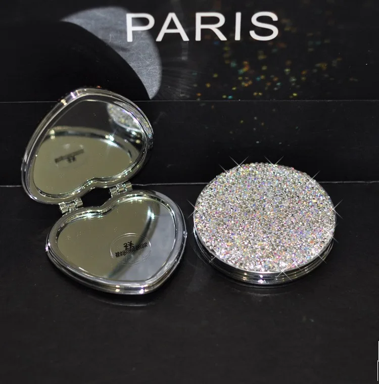 Crystal Round Square Heart Shape Rhinestone Compact Mirror Diamond Portable Vanity Mirror Princess Makeup Mirror Brand Gift
