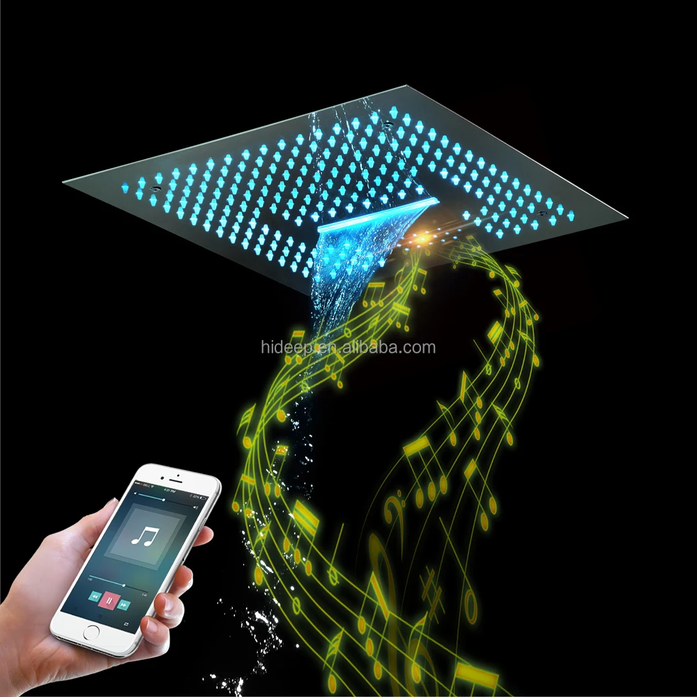 LED Shower Faucet Set Ceiling Embedded 16 Inch Music Speaker Rain and Waterfall Shower Head Hot Cold Touch Main Body
