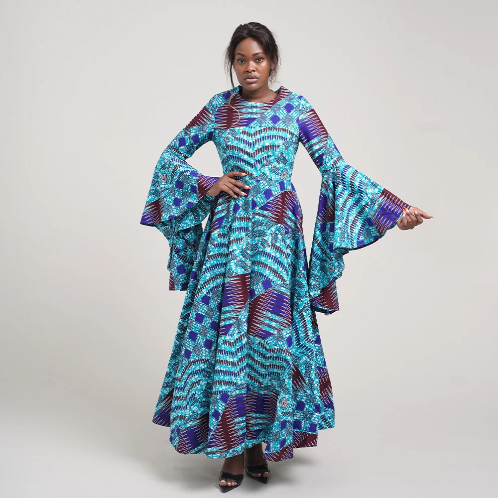 Elegent Fashion Style Spring African Print Kitenge Designs Traditional Dress Plus Size Casual Long Sleeve African Women Dresses