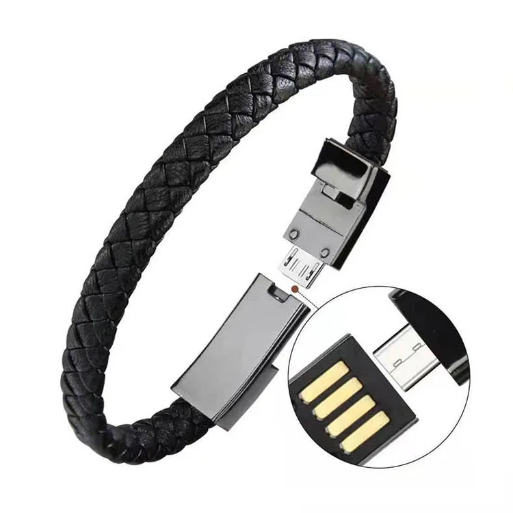Hot Selling 2.4A PU Leather USB Bracelet 20cm Data Charging USB Cable For Mobile Phone Charger