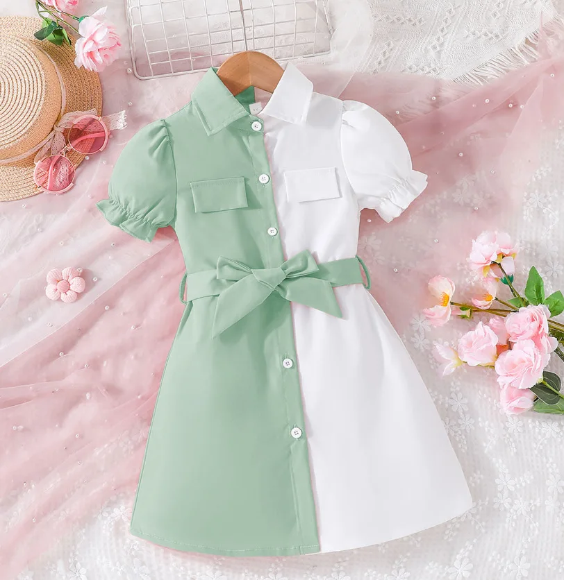 2024 New Design Long Sleeve Kids Dresses for Girls Baby Girls Sweet Clothing with Neck Solid Pattern Button Decoration Summer