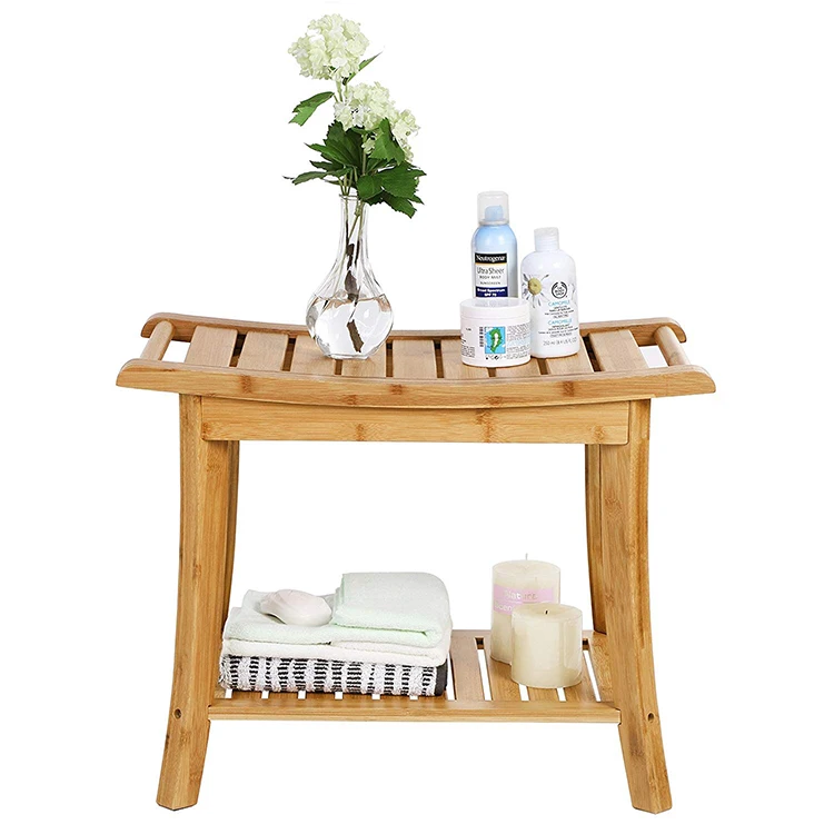 Eco-friendly 100% Nature Bamboo Shower Bench Entryway Bench Stool With Shelf For Bathroom
