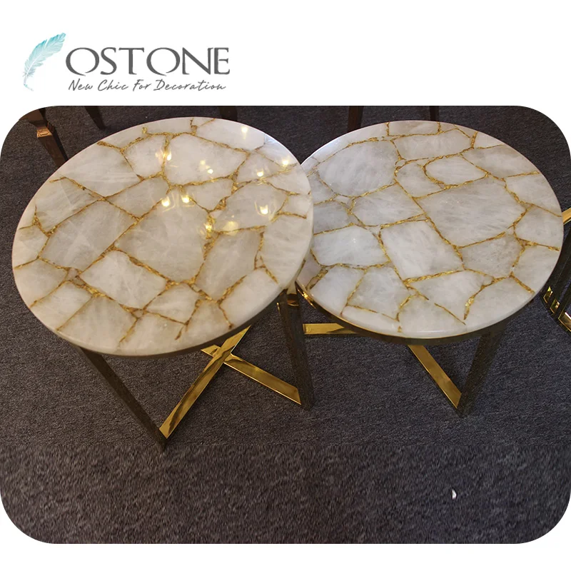 Delicate Living Room Furniture Round Green Pink Semiprecious Stone Nesting Coffee Table