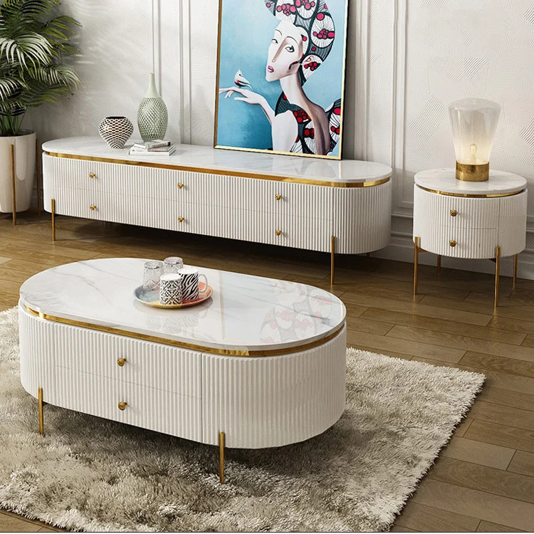 High Quality Luxury 6 Drawers TV Stand Gold Stainless Steel White Gloss Wood TV Bench for Home Hotel