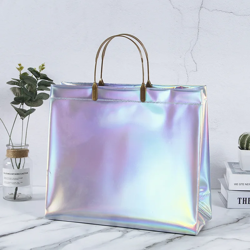 Metal laser Shopping mall gift clothing garments store  packaging shopping bag With plastic handle
