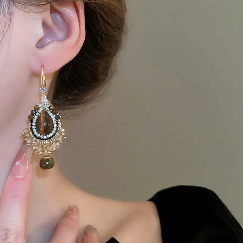 Tiger Eye Stone Style Tassel Earrings Vintage Design Earrings French Personalized Palace Style Earrings for Women