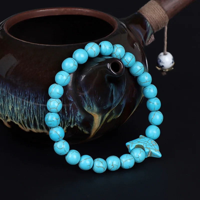 High Quality Gemstone Dolphin Bead Bracelet 8mm Natural Stone Blue Turquoise Cross Elastic Beads Bracelet for Men and Women