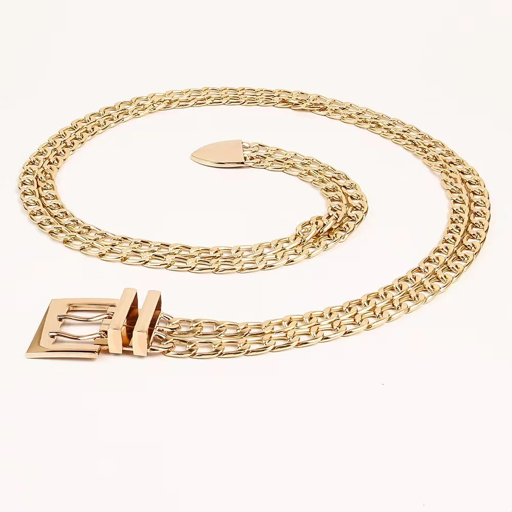 Летний взрывозащищенный металлический ремень в стиле панк, двухрядная Пряжка, двойная золотая металлическая цепочка на талию