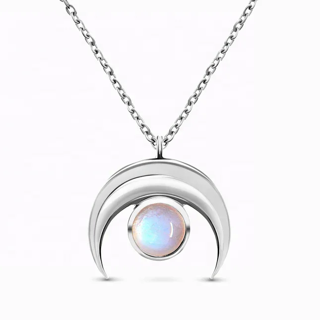 Romantic Wedding 925 Sterling Silver Eternity Round Shape Moonstone Crescent Moon Necklace