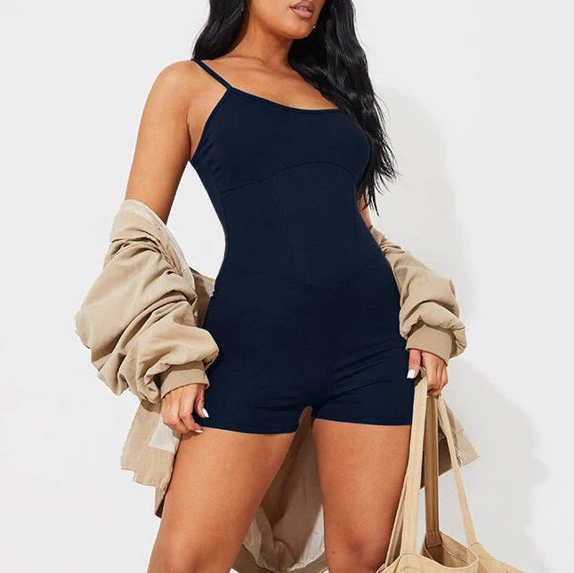 Wholesale Designer Ribbed Sport Yoga Women Gym Fitness One Piece Bodycon Sling Fitted Shorts Jumpsuit