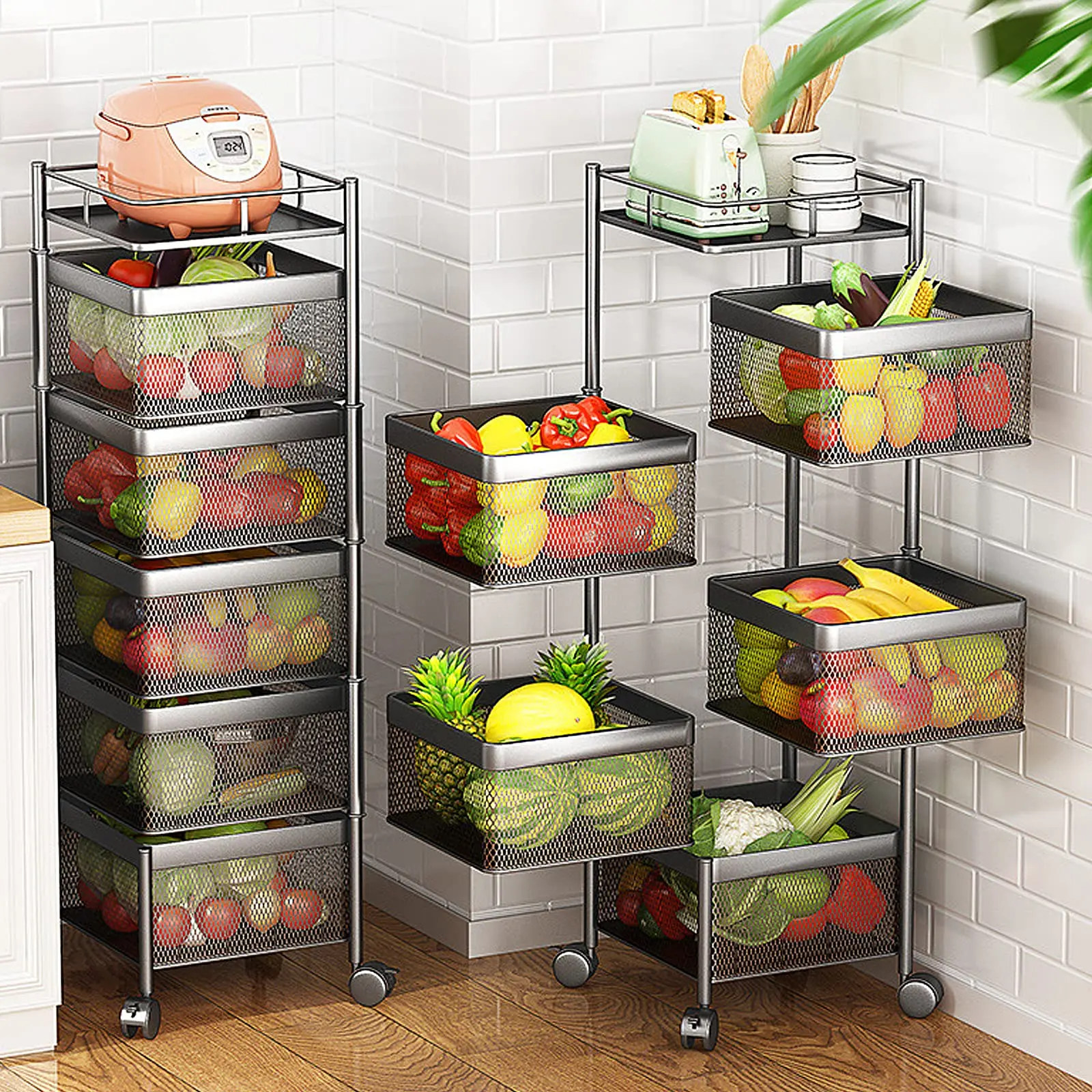 Kitchen Bathroom Rotating Fruit Vegetable Storage Basket 5 Tier Movable Square Storage Shelf Rack with Wheels