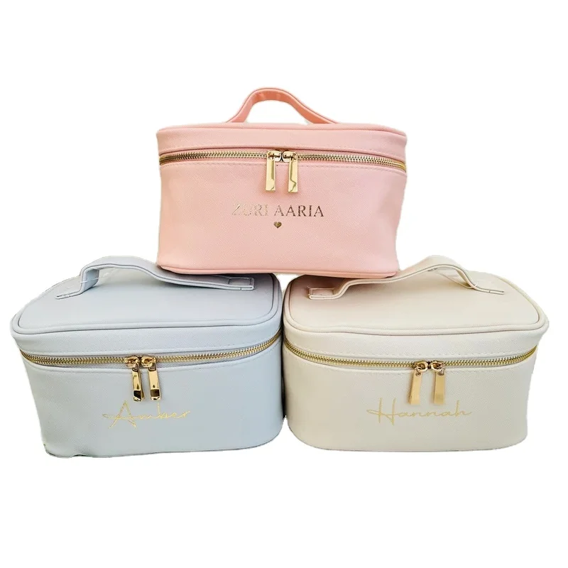 Leather Makeup Bag With Logo Waterproof Large Travel Cosmetic Zipper Makeup Bags For Makeup