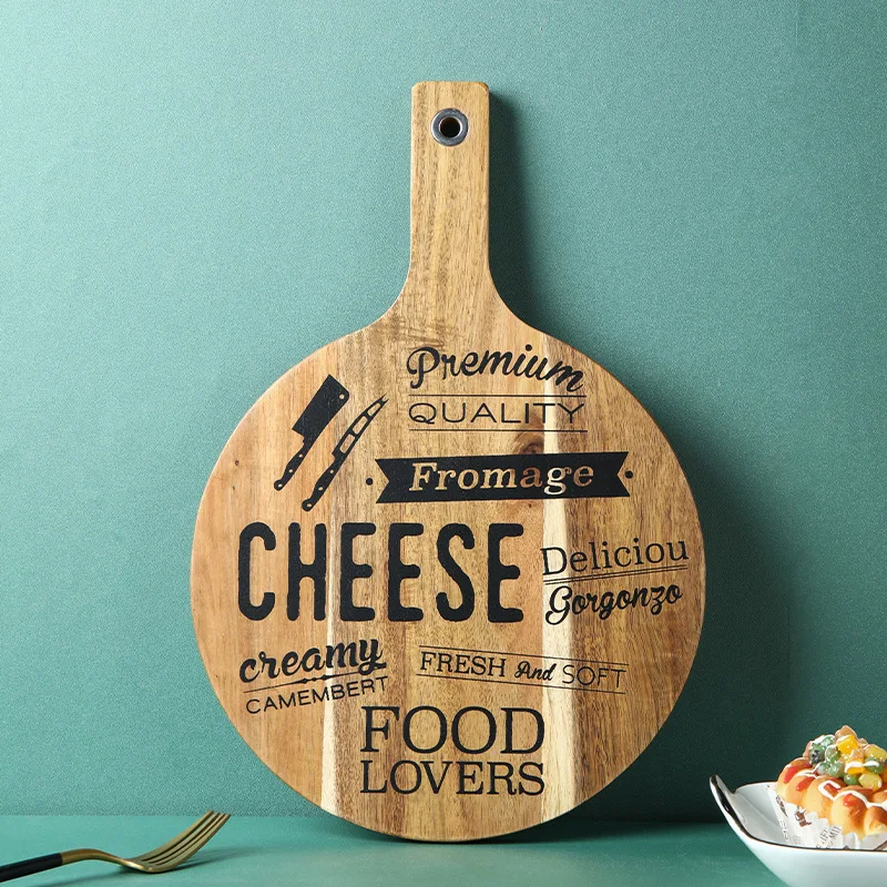 Yesjoy custom round Acacia cutting board with customized  hand writings and handle