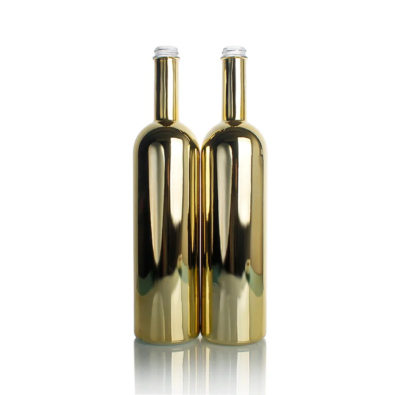 Custom Empty 750 ml Round Gold Electroplate Burgundy Glass Wine Bottles With Cork Stopper Liquor Bottle