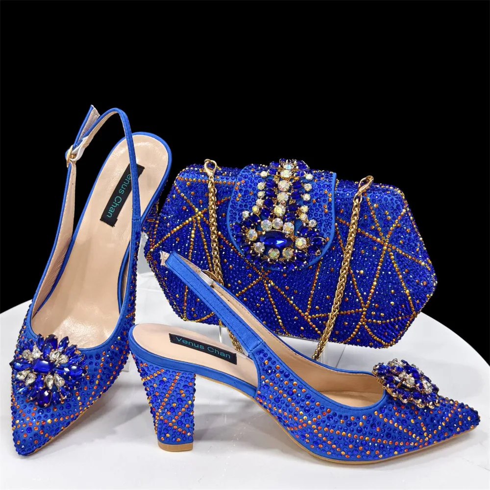 China Supplier lady high quality women high heels African PU leather sandals and matching clutch bag with stones 2024