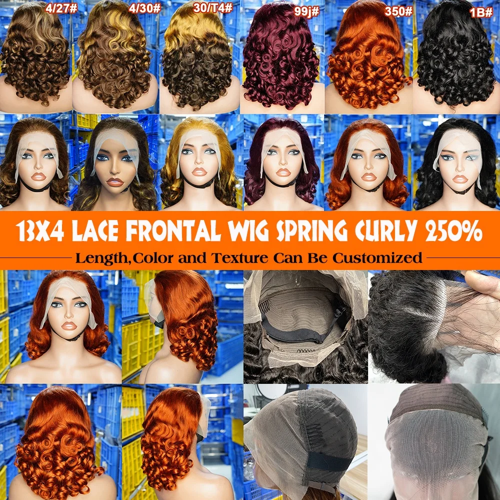250% 13x4 Human Hair Wig Colored Medium Long Spring Curly Wig 13x4 Lace Front Human Hair Wig For Women