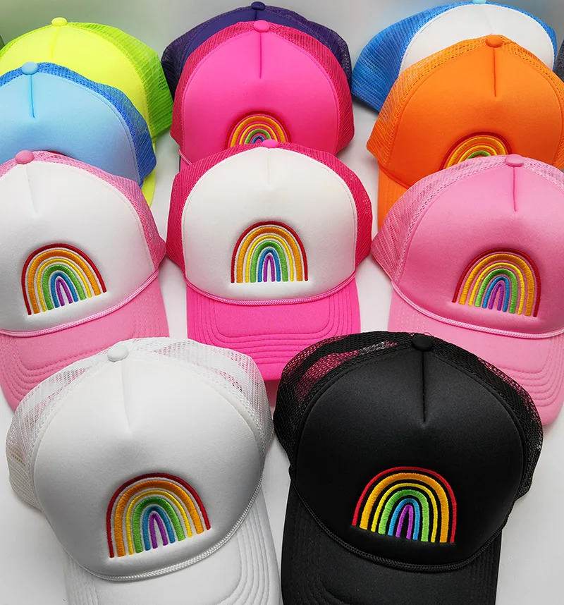 yzbrand wholesale custom mesh caps with logo smile face rainbow trucker hat 5 panel embroidery logo trucker cap
