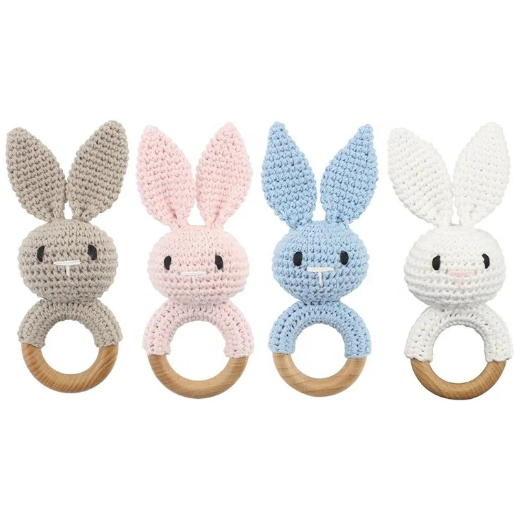 YLX Hot sale Natural Safety Handmade Wood Baby Cute Rabbit Animal Ring Rattle Teethers Wooden Teething Crochet Baby Teether