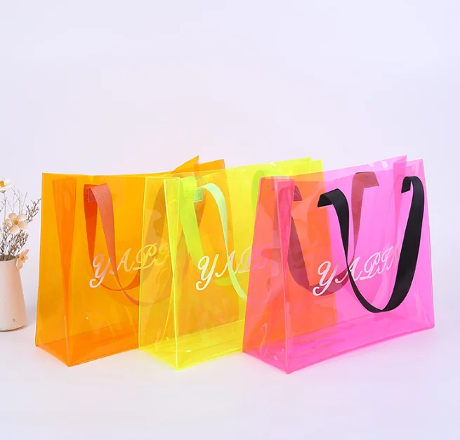 fashion Logo mini clear plastic PVC shopping bag outside tote holiday beach tote shoulder transparent bag with webbing handles