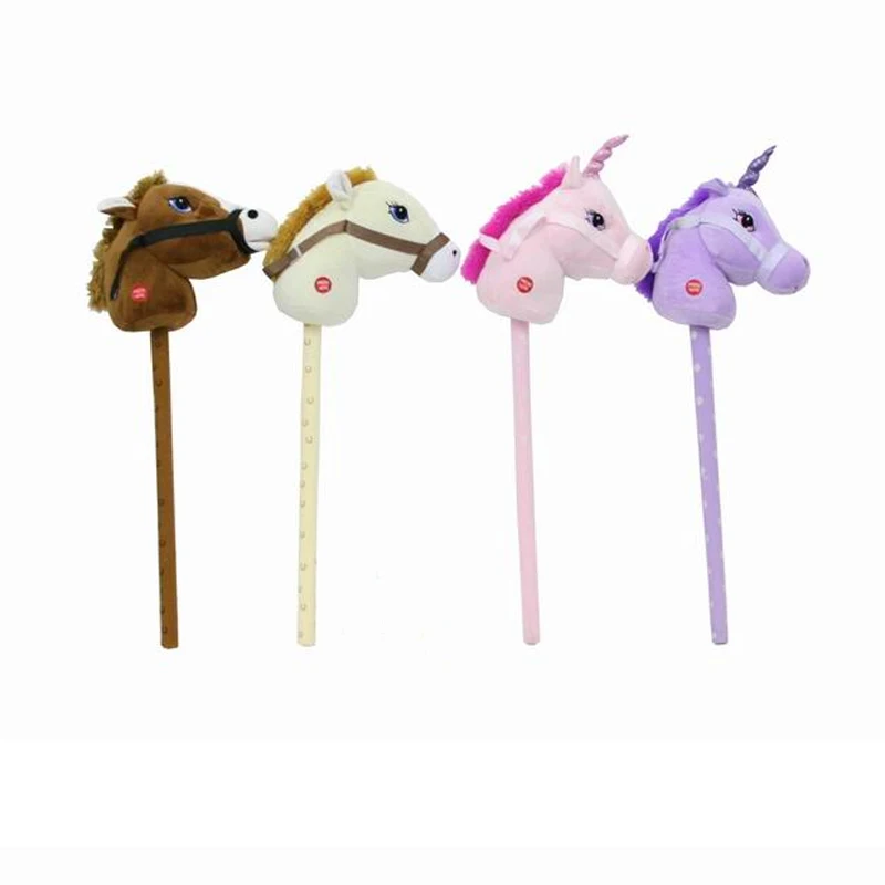 Plush Unicorn stick horse wood wheel real pony neigh and galloping sound plush toy white 27 inches