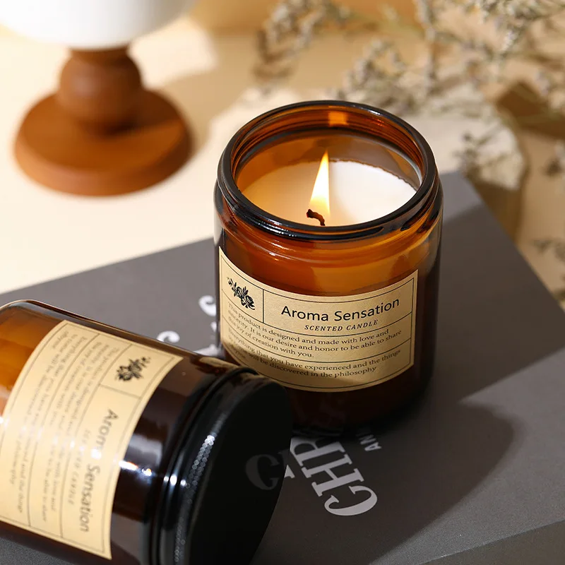 Soy Wax Private Label 200g Amber Glass Jar Scented Candle Natural Soy Wax with Floral Pattern for Home Decoration