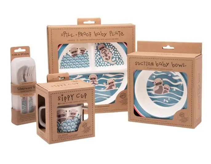 Wholesale Custom Printed Infants Tableware Sippy Cup Spill Proof Baby Plate Fork Spoon Suction Bowl Packaging Paper Box