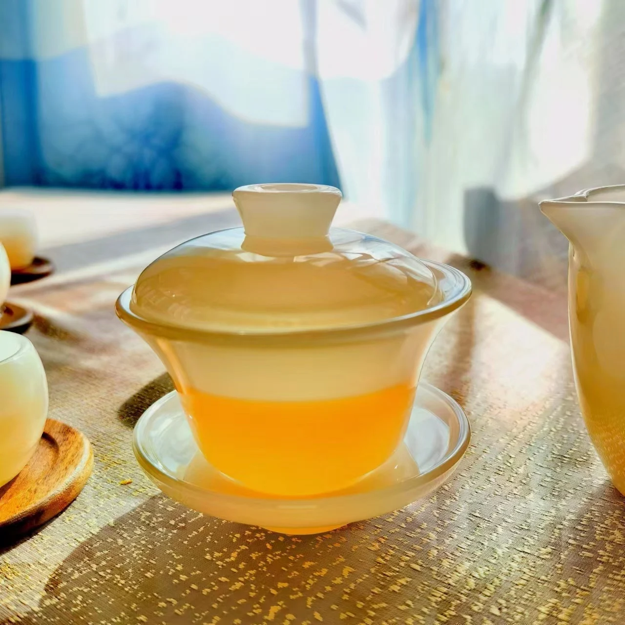 custom logo dishwasher safe green white jade opal tea glass cup with saucer set glass coffee cup