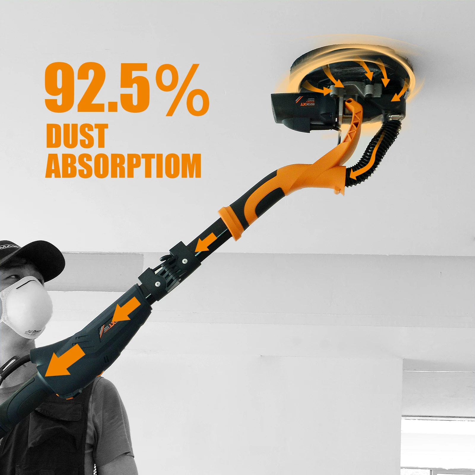 MAXXT 710W 225mm Drywall Sander Ceiling Grinder With Foldable Telescoping Design Variable Speed 600-1500RPM