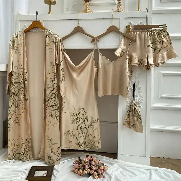 2024 Women print satin sleepwear robe set fashion pajamas 4 piece set Pyjama nightwear set