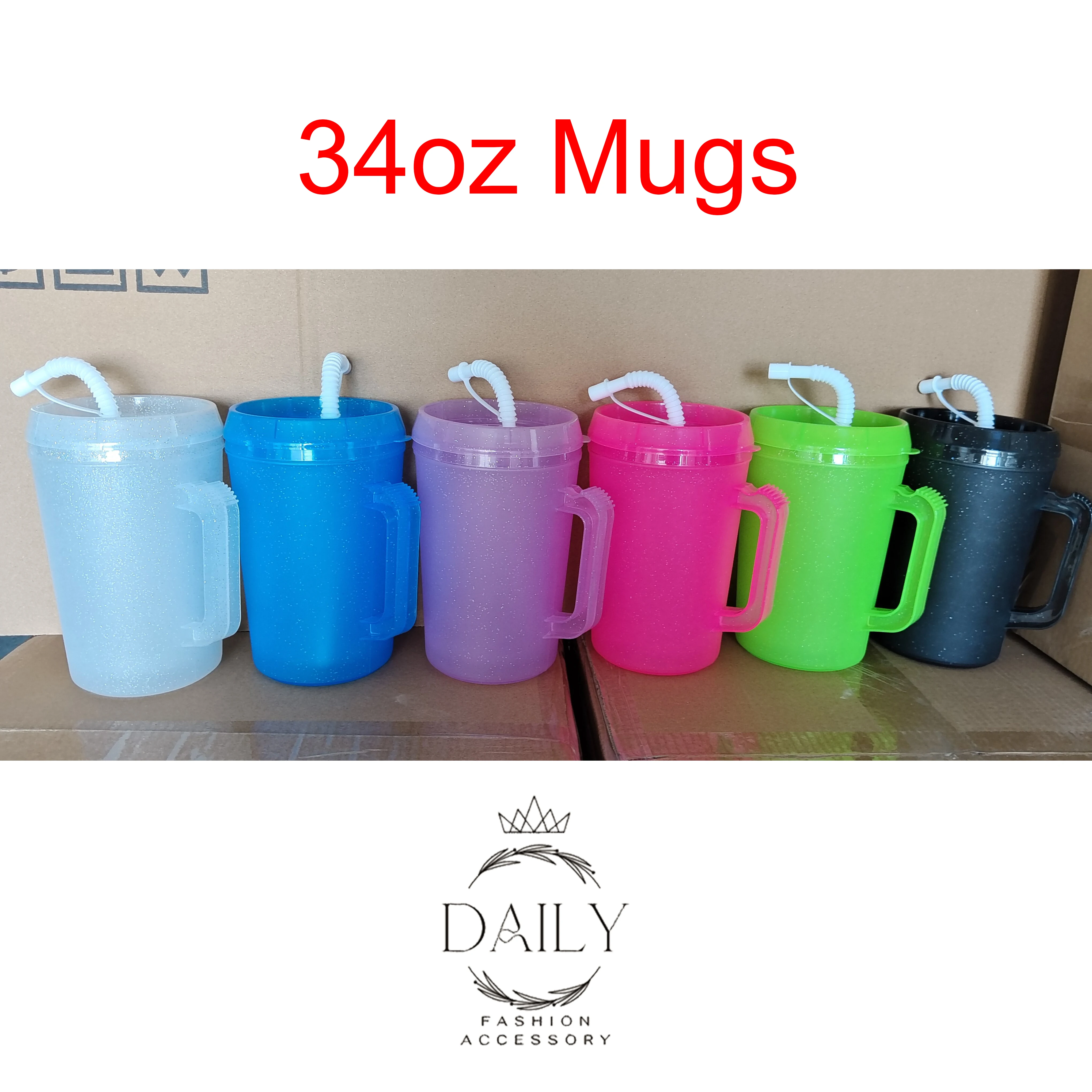 2024 RTS New Arrival Glitter Mugs Double Wall PP Plastic 34oz Trucker Mug With Handle Lid Straw