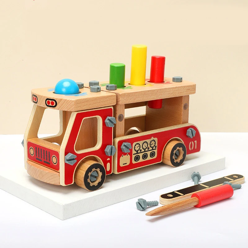 Diy Wooden Vehicles Toy Simulation Assembly Toys Wooden Fire Truck For Kids Toddler