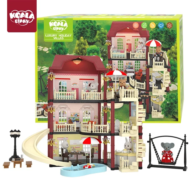 Diy Dollhouse for Girls with Swimming Pool and Slide, Doll House Miniature Furniture Kit, Dollhouse Play Set for Kids