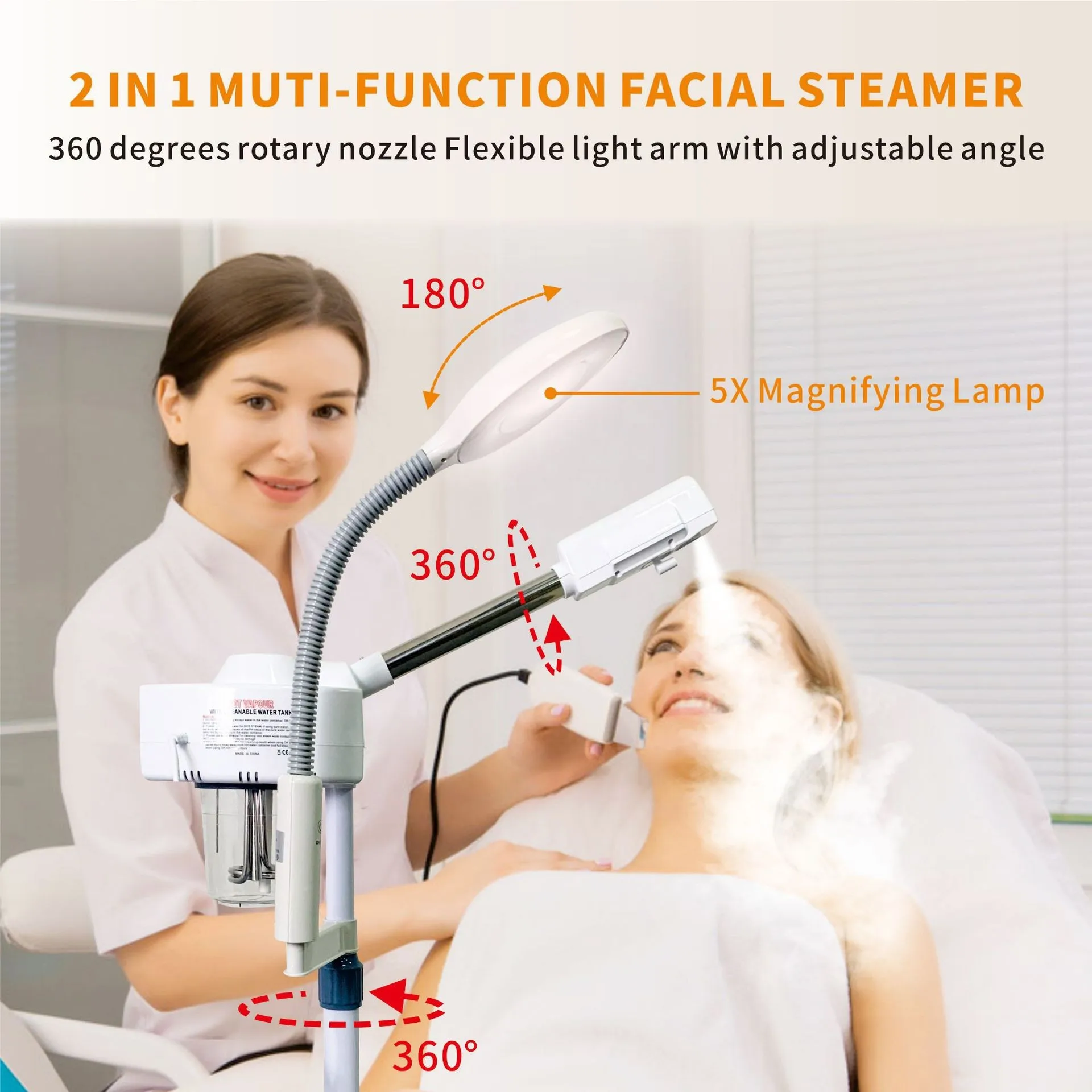 2 in 1 Hot and Cold Spray Heads Facial Vaporizer Face Steamer Professional Salon Spa with 5X Magnifying Lamp Light