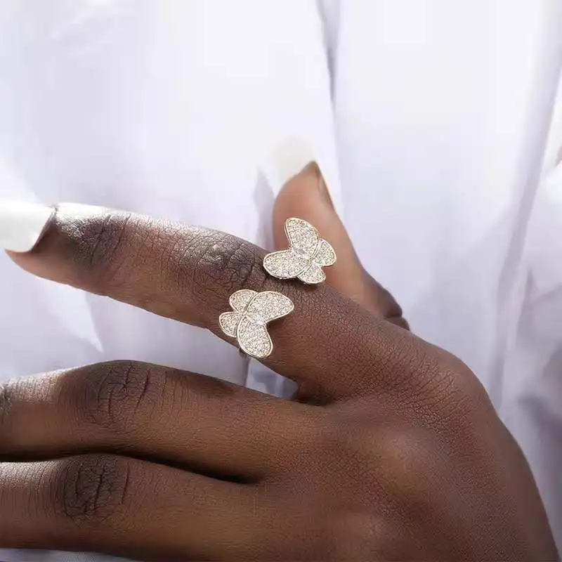 
Trendy CZ Butterfly Finger Ring Gold 18K Cubic Zircon Double Butterfly Ring 