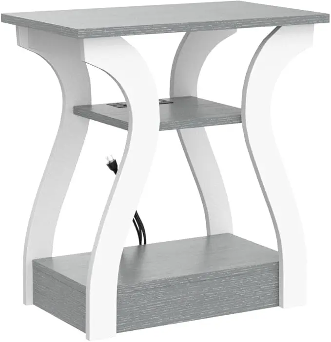 3-Layer Gray Coffee Table with USB Port Socket Side Charging Station Table Bedroom Living Room Home Storage Organization Rack