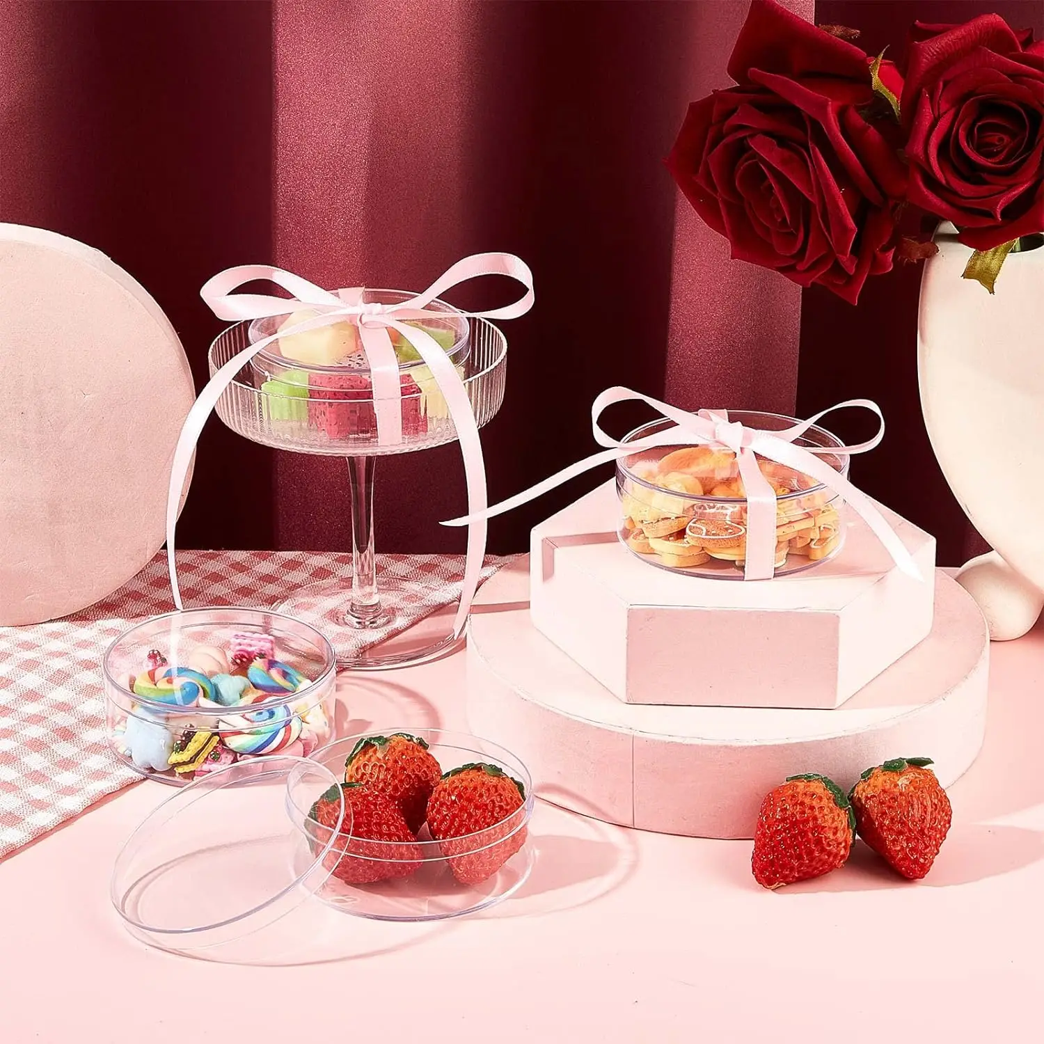192Pcs Dessert Acrylic Box Clear Round Box with Lid Round Box Easter Container Easter Basket Stuffers for Cookie Candy Packaging